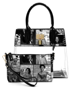 Magazine Cover Collage Padlock See Thru 2-in-1 Satchel OA2687T GRAY/BLACK